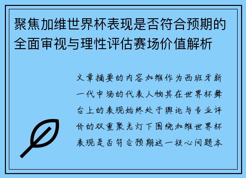 聚焦加维世界杯表现是否符合预期的全面审视与理性评估赛场价值解析