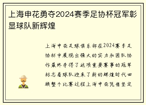 上海申花勇夺2024赛季足协杯冠军彰显球队新辉煌